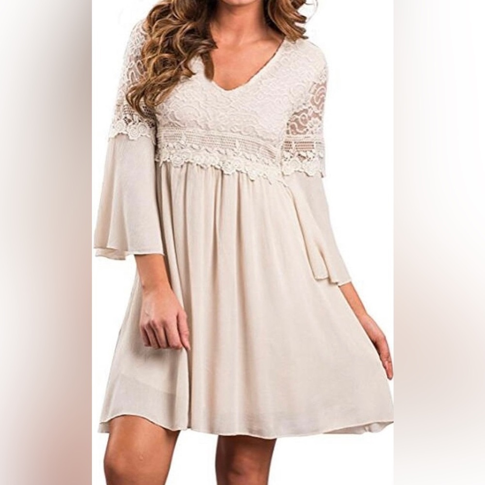 Women's Lace V Neck 3/4 Bell Sleeve Cocktail A-line Swing Casual Mini Dress
